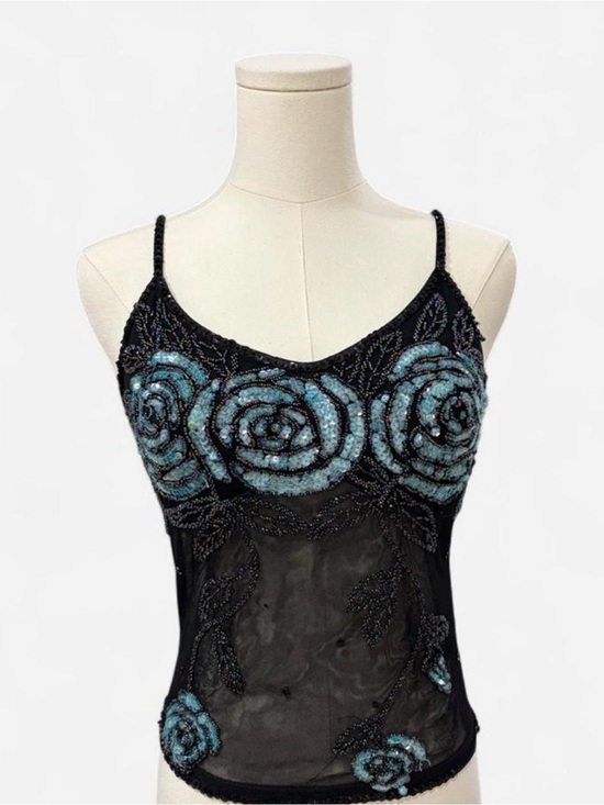 Cache Tops - Cache Black Sheer Beaded Cami with Blue Rose Embellishments